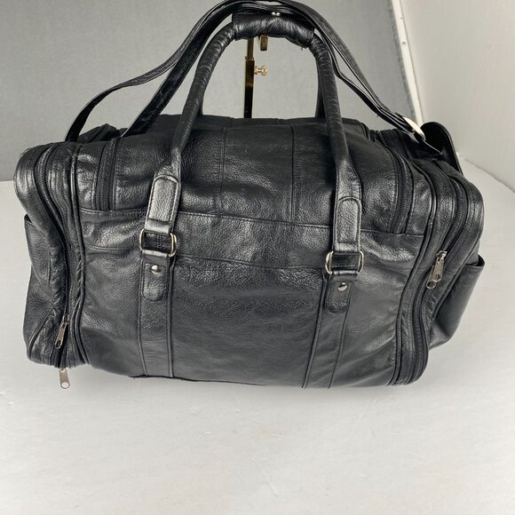 EXCELLE Genuine Leather Duffle Bag Black Travel Weekend Carry On Zip - Picture 1 of 16